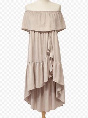 Naked Zebra Size S Beige Taupe Off Shoulder Hi Low Women’s Dress